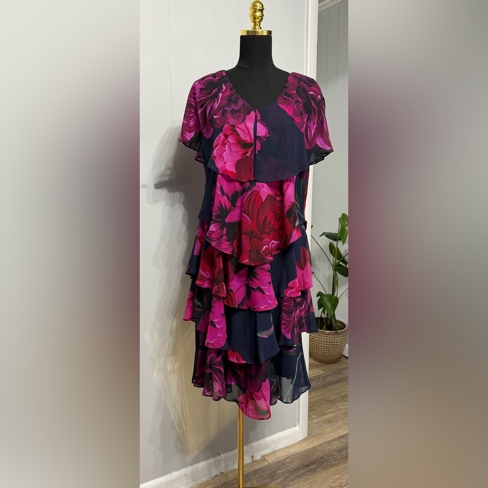 H)  SLNY Navy Blue Dress With Floral Print & Ruffle Detail